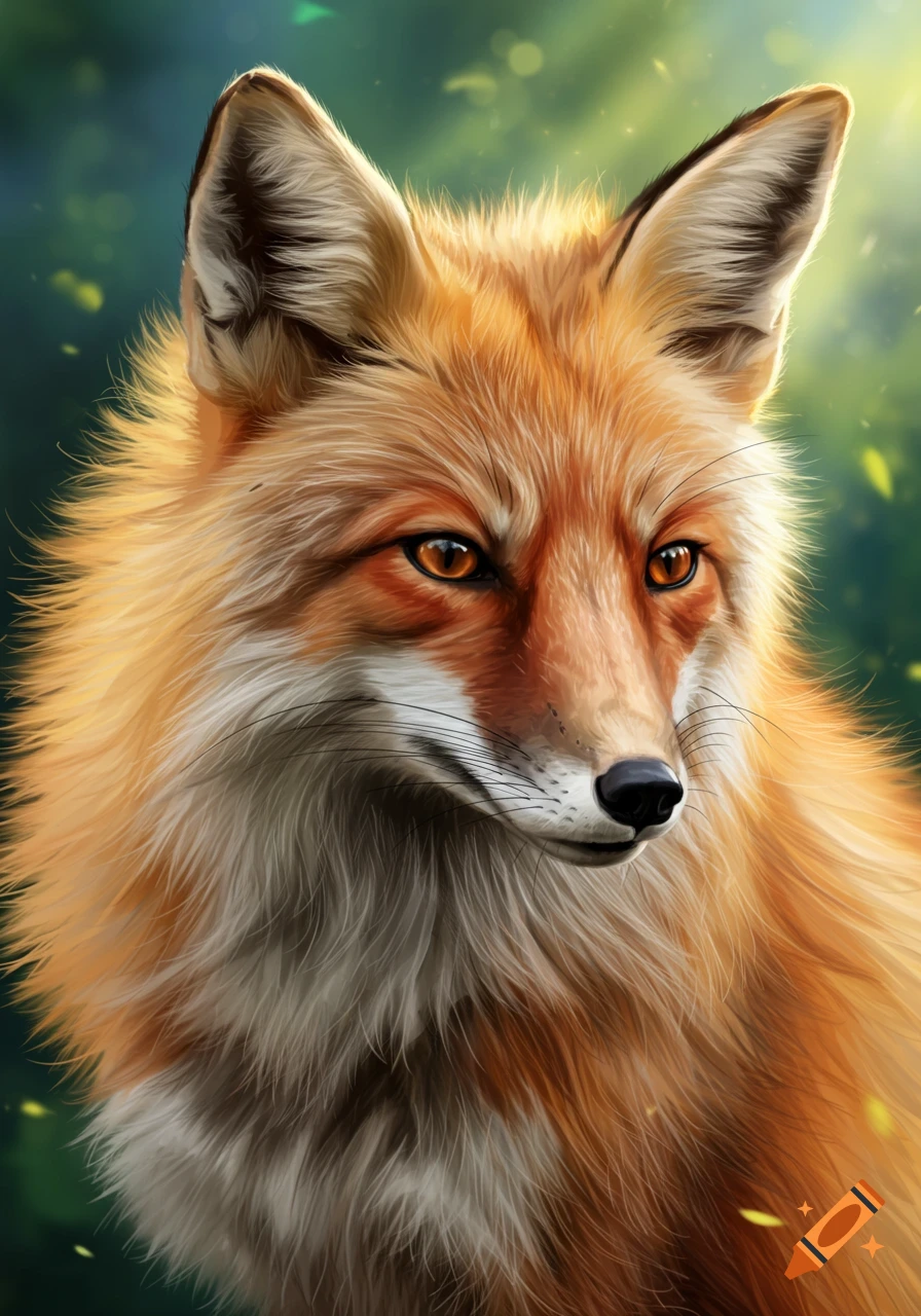 A close-up, detailed portrait of a red fox with bright orange eyes, in a painterly style with a blurred green background.