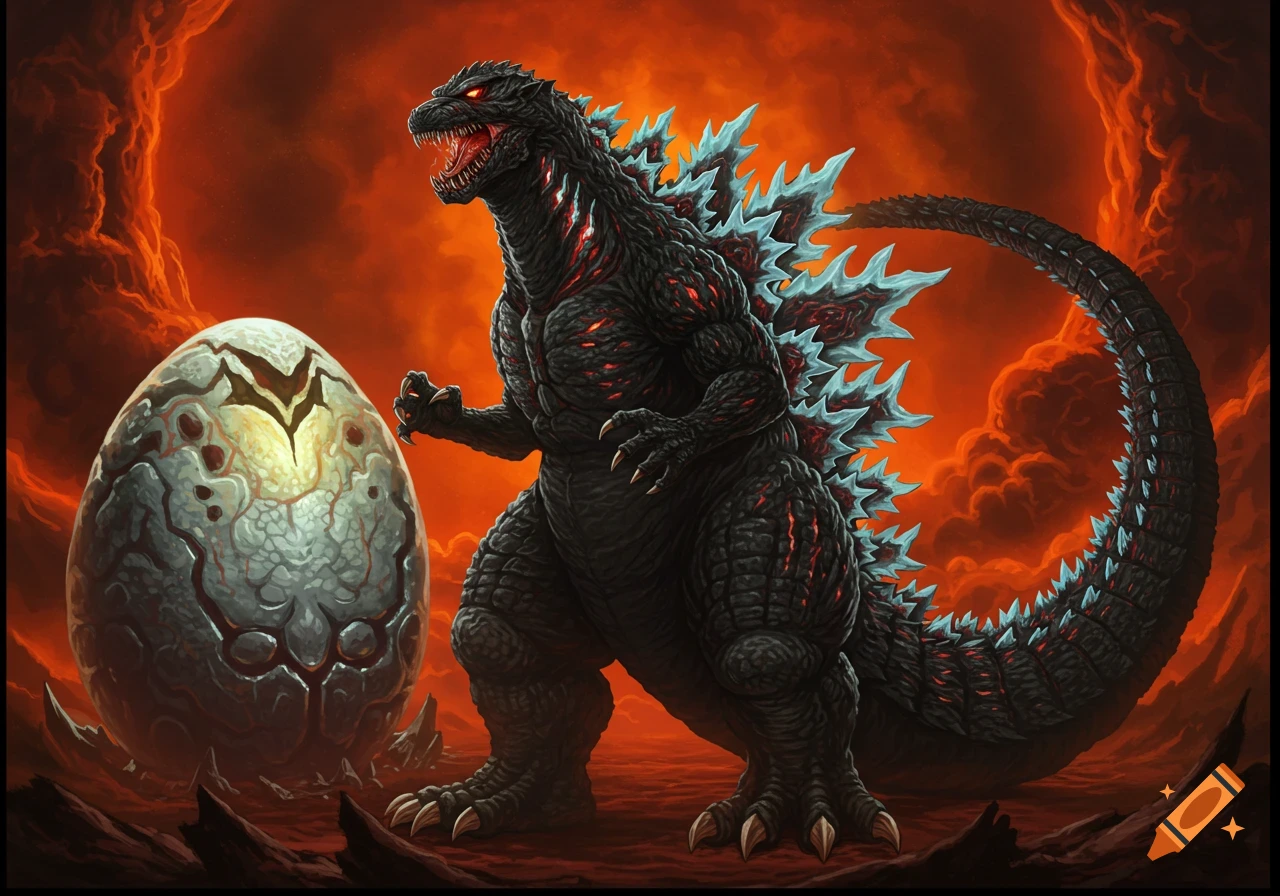 A large, dark Godzilla-like creature with glowing red cracks and blue spikes stands next to a cracked egg in a fiery, hellish landscape.