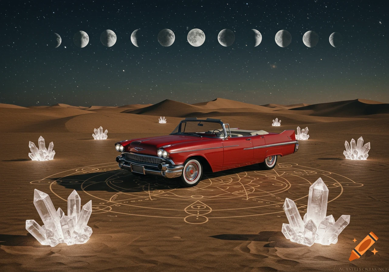 A red retro convertible car parked in a desert under a night sky with moon phases, surrounded by glowing crystals and sacred ground markings.