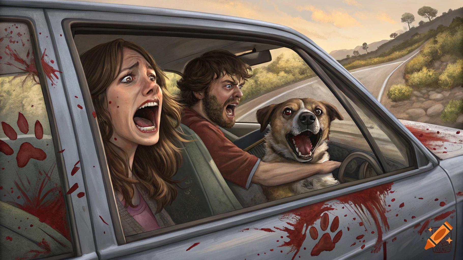 An illustration of a terrified man and woman in a blood-splattered car, while a smiling dog appears to drive down a rural road.