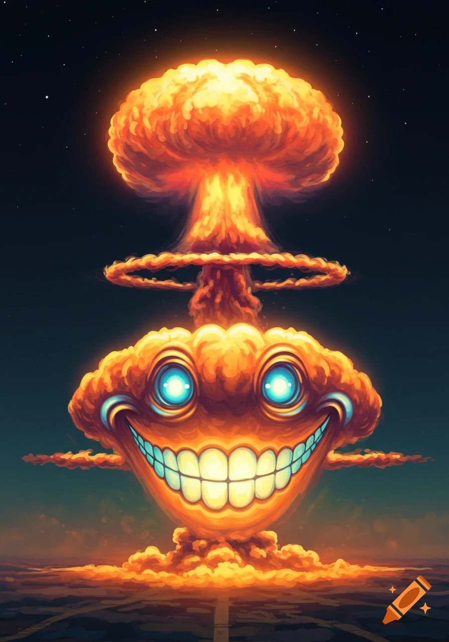 A vibrant, cartoon-style nuclear mushroom cloud with a wide, eerie smile and glowing blue eyes, against a dark sky.