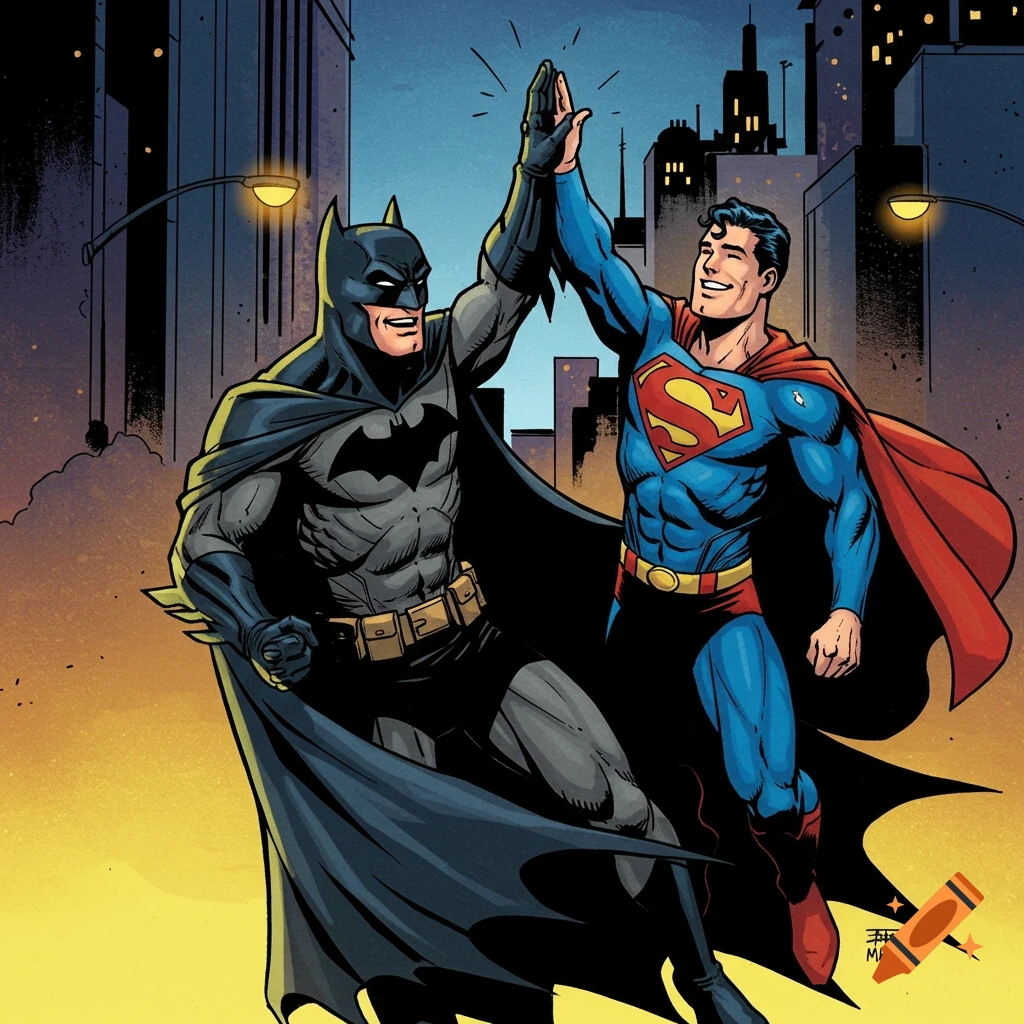 Batman and Superman high-five in a dynamic comic book illustration with a city skyline at dusk.