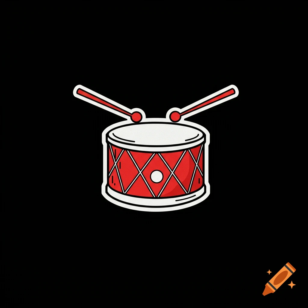 A cartoon-style red drum with two drumsticks on a black background.