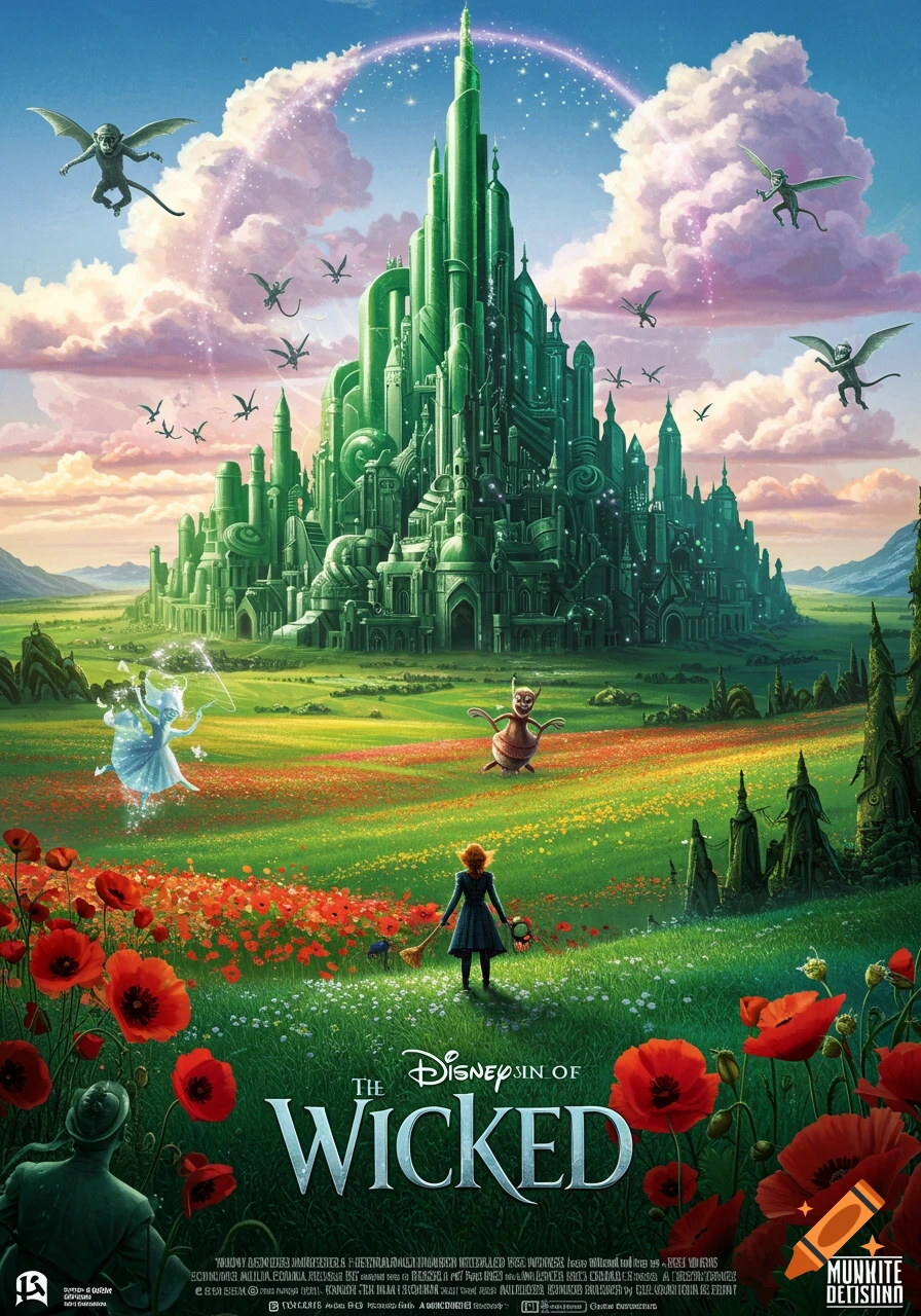 A vibrant fantasy landscape depicting the Emerald City from the Wizard of Oz, with a girl and a broom in a field of red poppies, flying monkeys, and other characters, in the style of a movie poster.