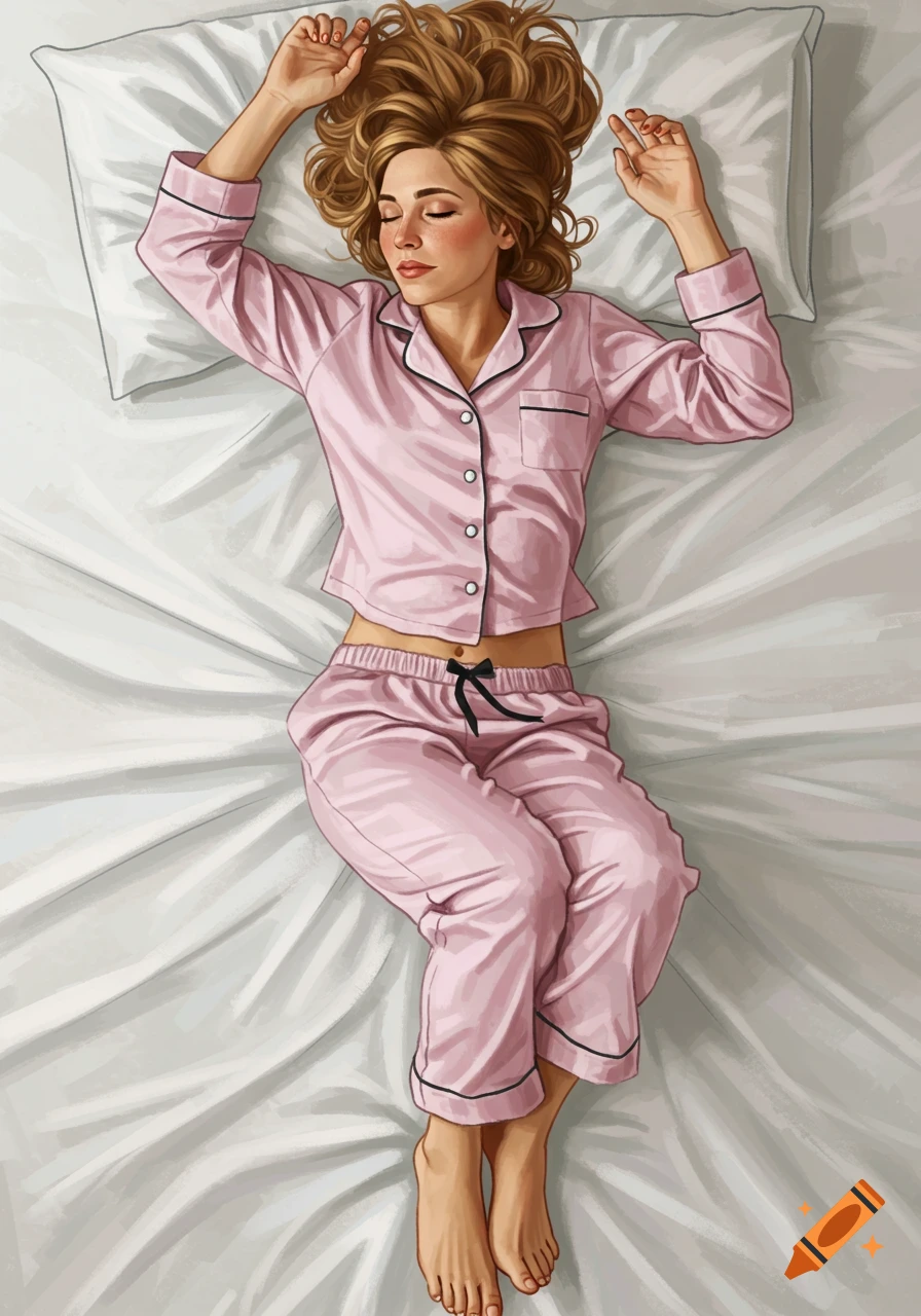 Illustrated young woman with brown hair sleeping on a white bed, wearing pink pajamas.