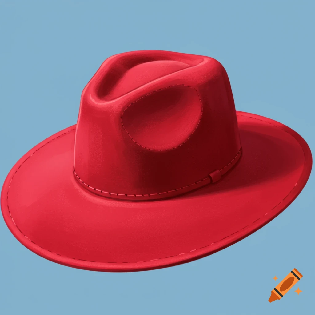 A vibrant red fedora-style hat with a simple band, illustrated against a clear blue background.