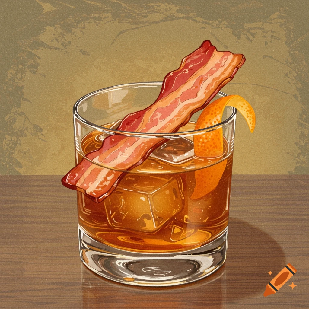 An illustrated Old Fashioned cocktail with a strip of bacon and an orange peel on a wooden table.