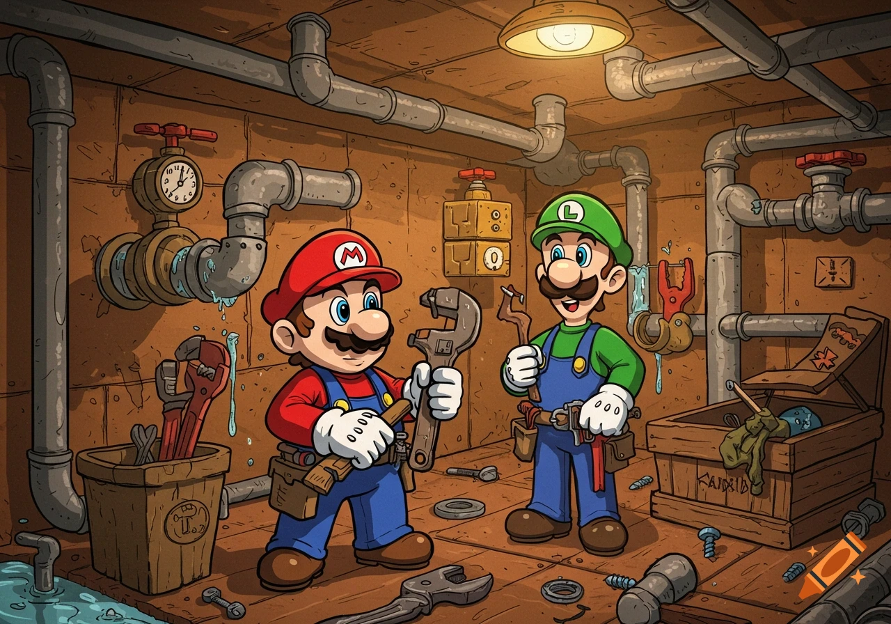 Cartoon illustration of Mario and Luigi, dressed as plumbers, holding wrenches in a pipe-filled basement. There's water on the floor and a wooden toolbox.