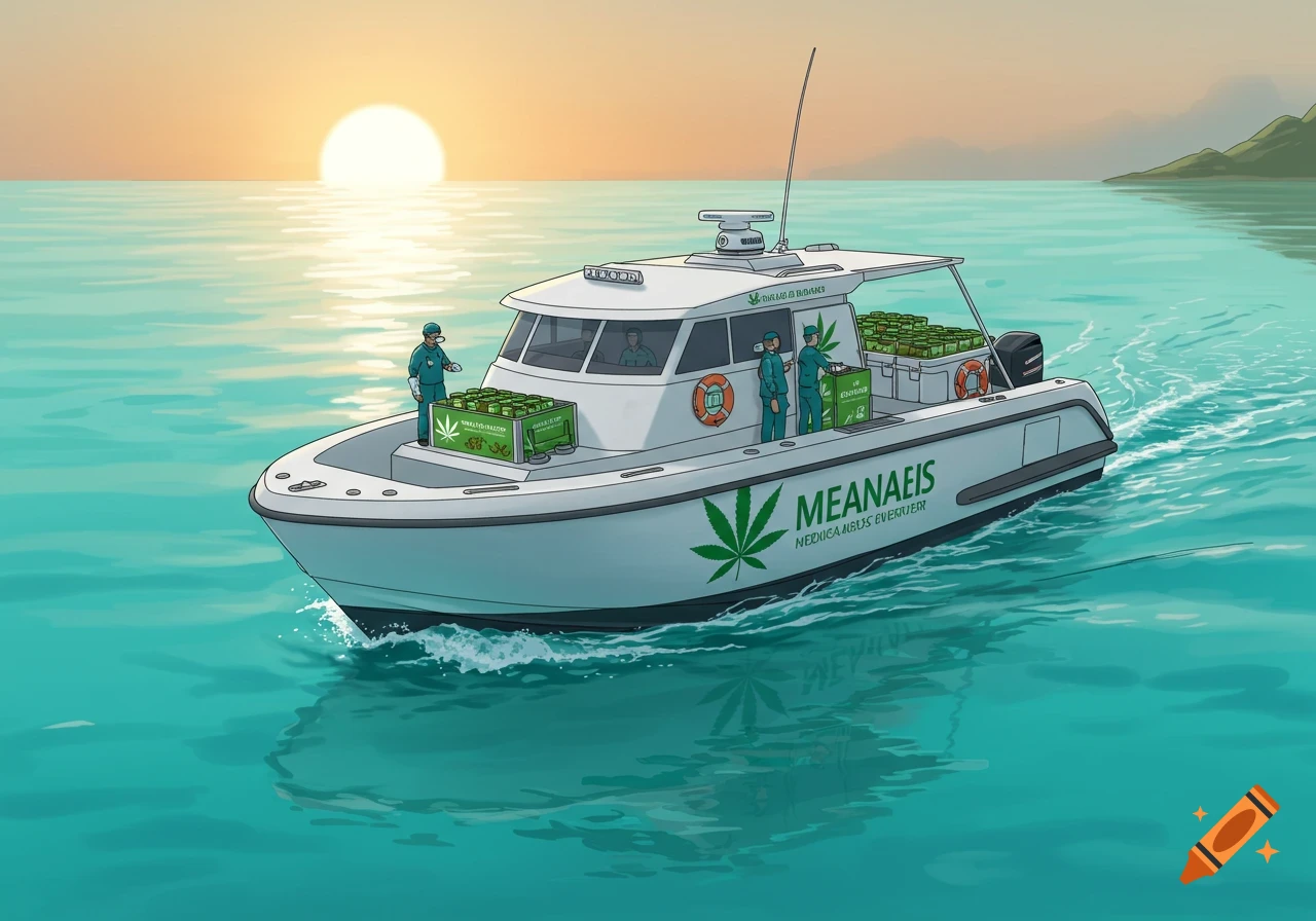 An animated white boat with green marijuana leaf logos and "MEDICAL CANNABIS" crates sails on blue water under a sunset, with crew members on board.