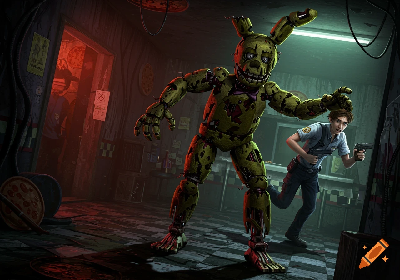 A damaged green animatronic rabbit, Springtrap, looms over a security guard holding two pistols in a dark, abandoned room.