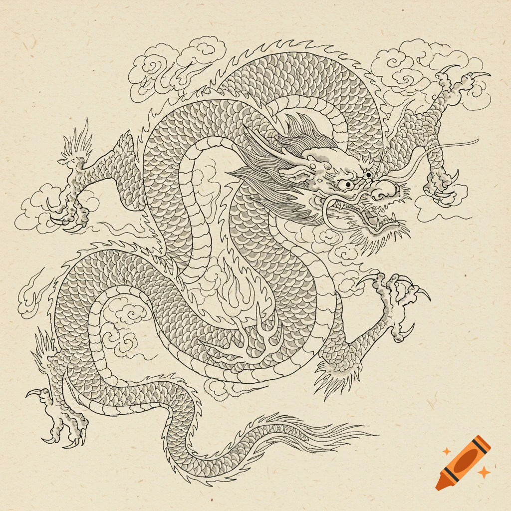 A detailed black ink drawing of a traditional Chinese dragon with scales, claws, and swirling clouds on a light beige, textured paper background.