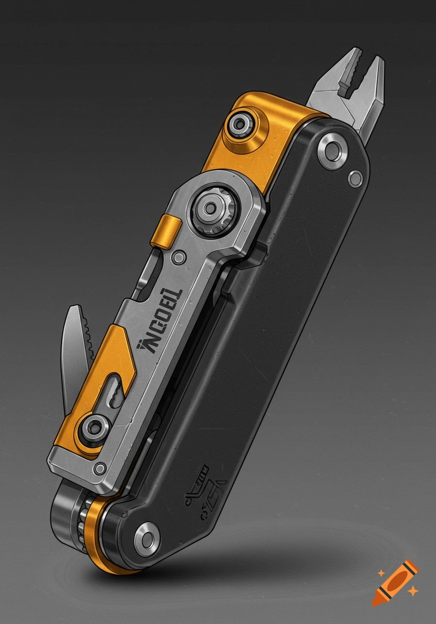 A detailed illustration of a black and gold multi-tool with pliers and ...