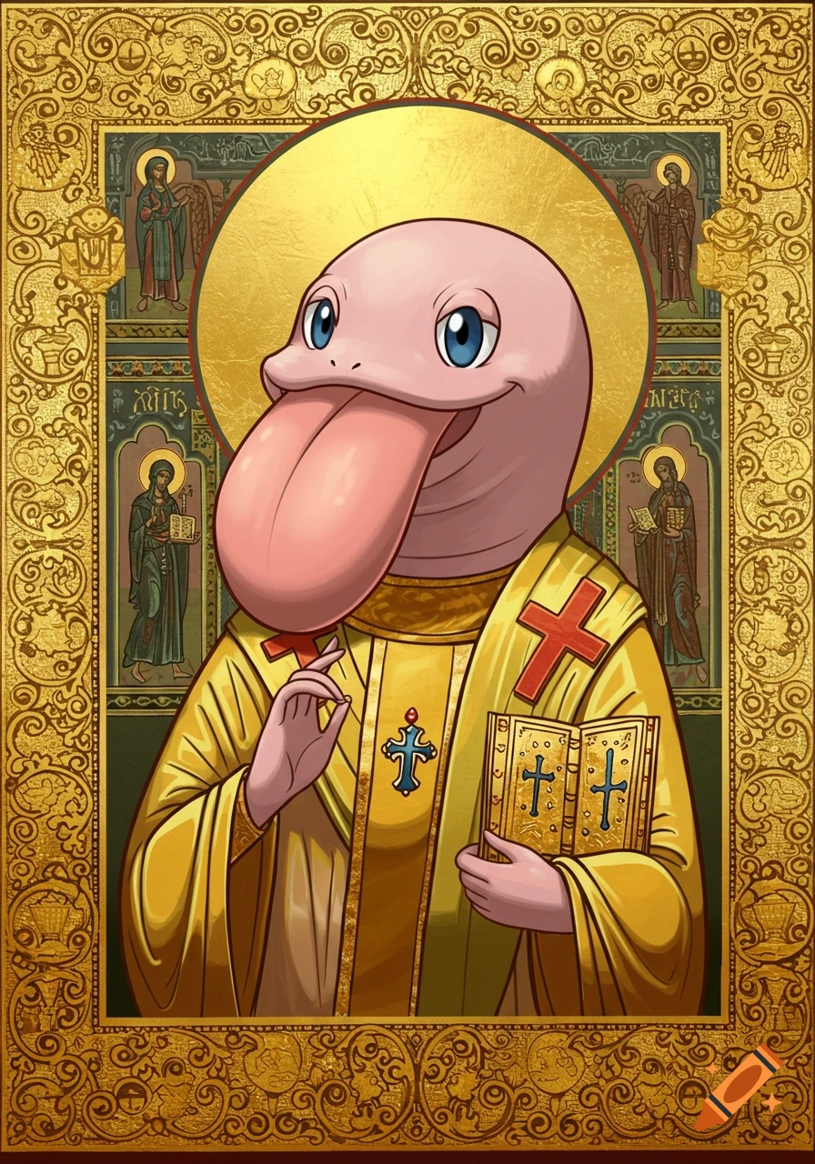 A golden Byzantine icon-style portrait of Lickitung from Pokemon, depicted as a saint in a golden robe, holding a holy book and making a blessing gesture, with smaller saint figures in the background.