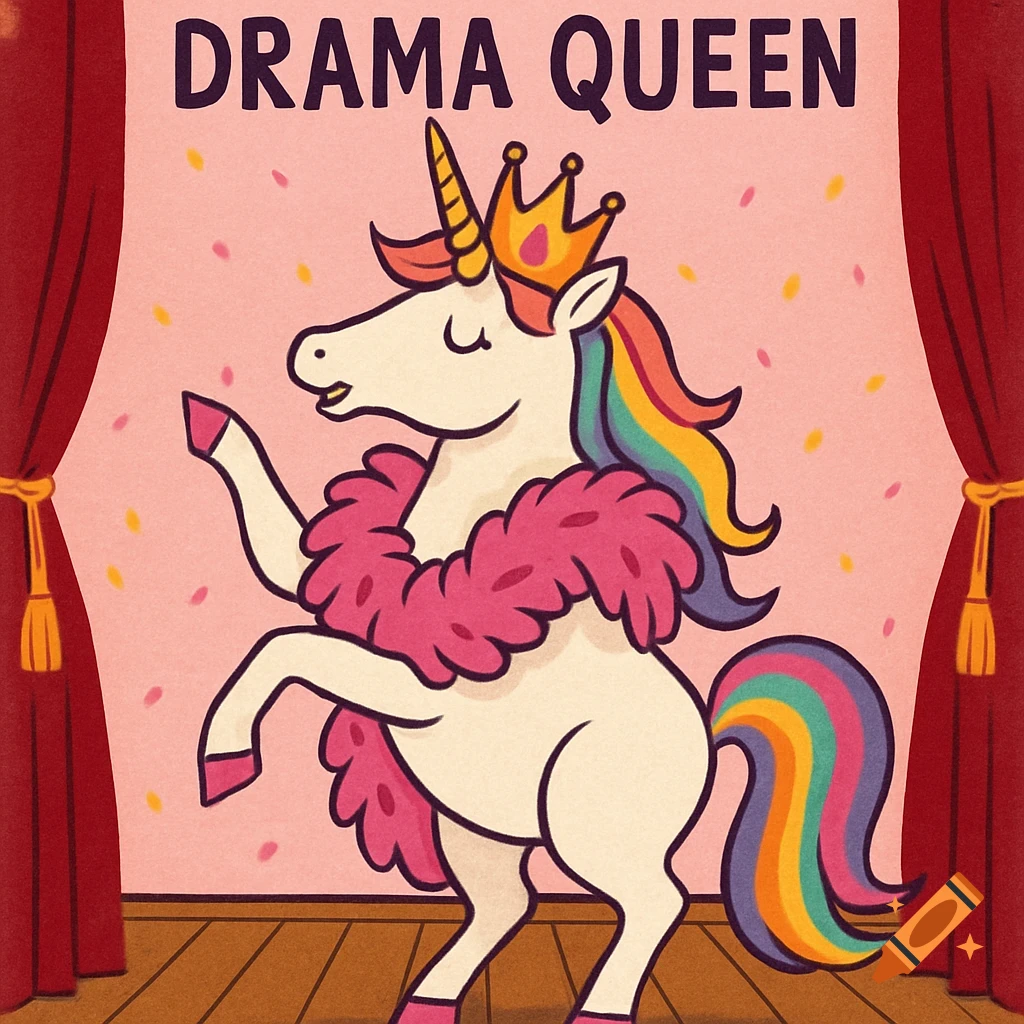 A cartoon unicorn with a rainbow mane, crown, and pink boa poses on a stage with red curtains under the text 'DRAMA QUEEN'.