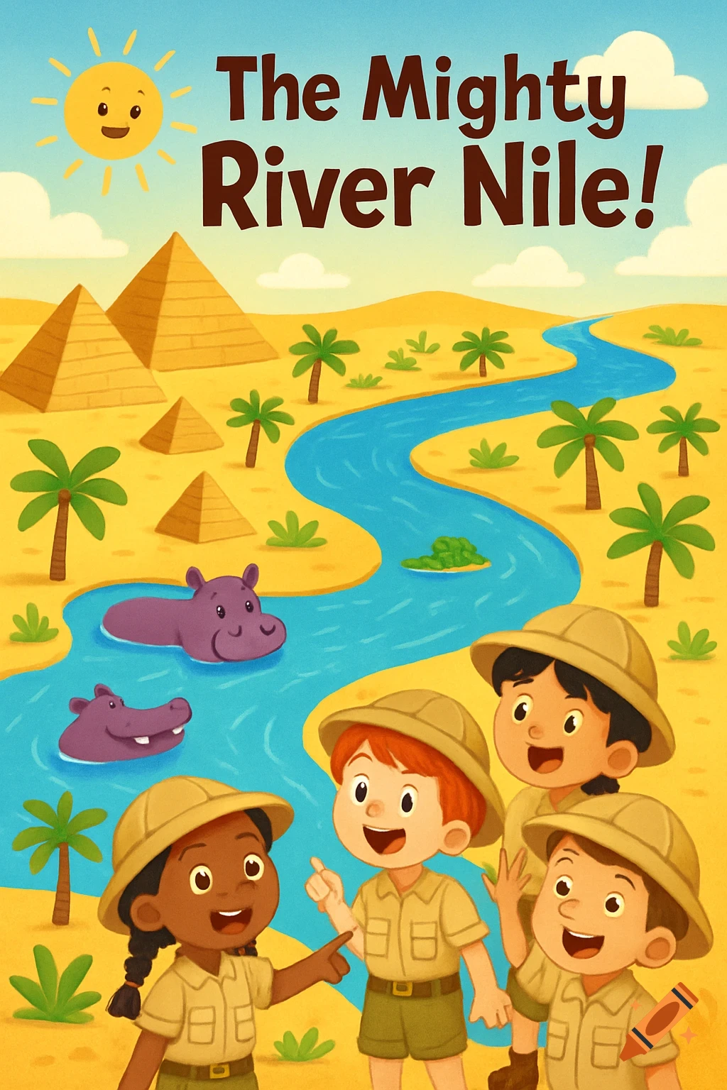 A vibrant children's cartoon of the River Nile with pyramids, palm trees, hippos, and kids in explorer hats. Title: 'The Mighty River Nile!'