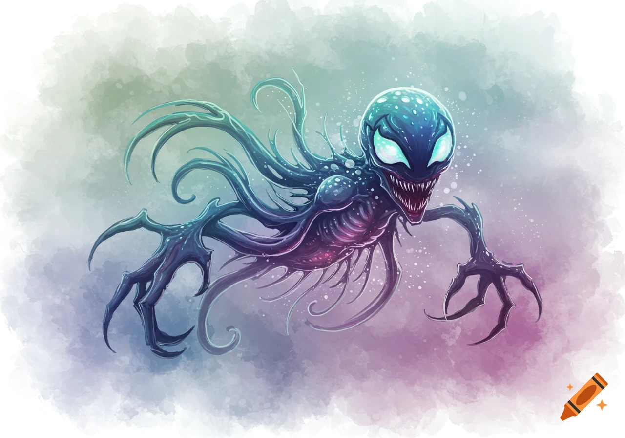 A monstrous, dark blue symbiote with glowing eyes and sharp teeth, depicted in a watercolor style with tentacles.