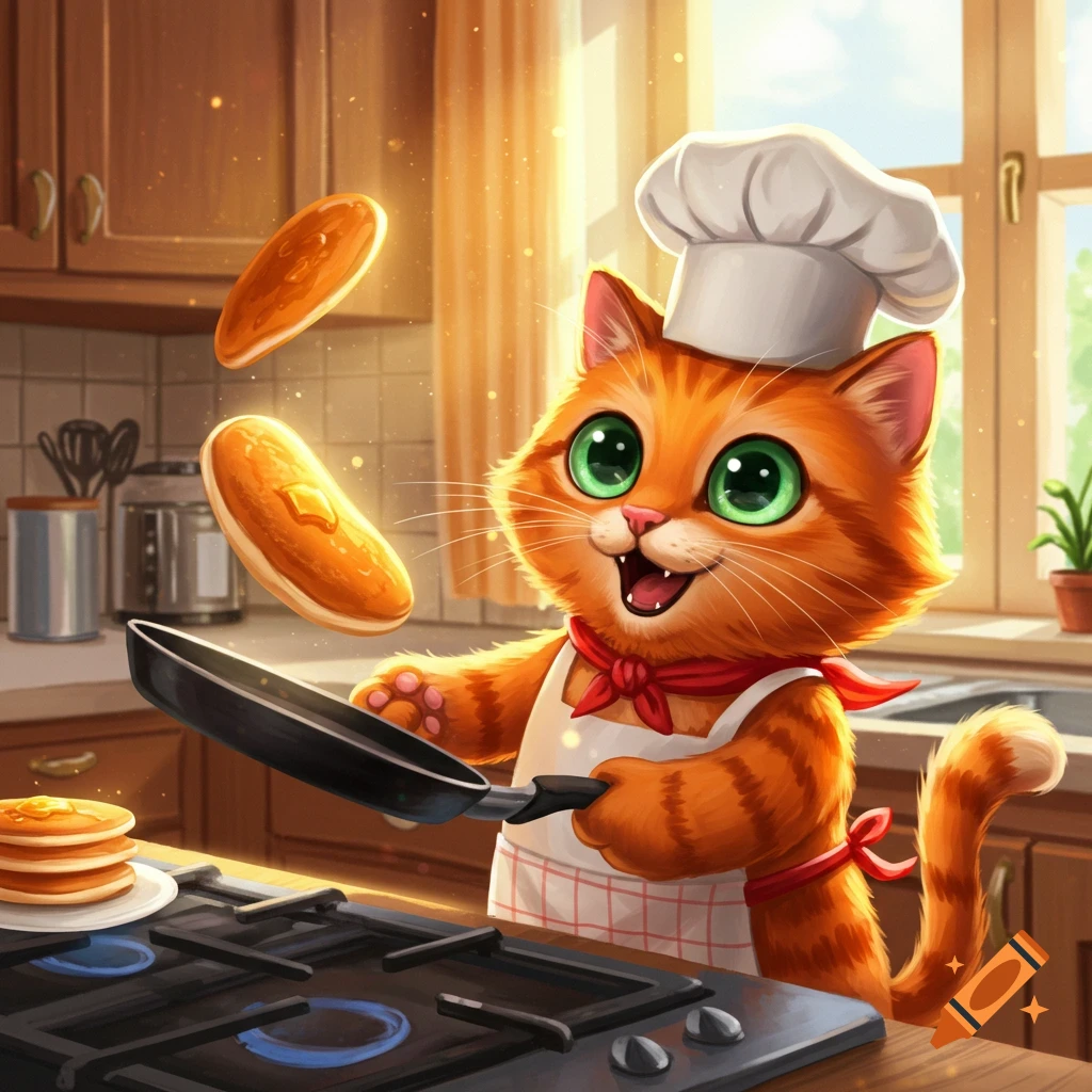 A cute, orange cartoon cat wearing a chef hat and apron, happily flipping pancakes in a kitchen.