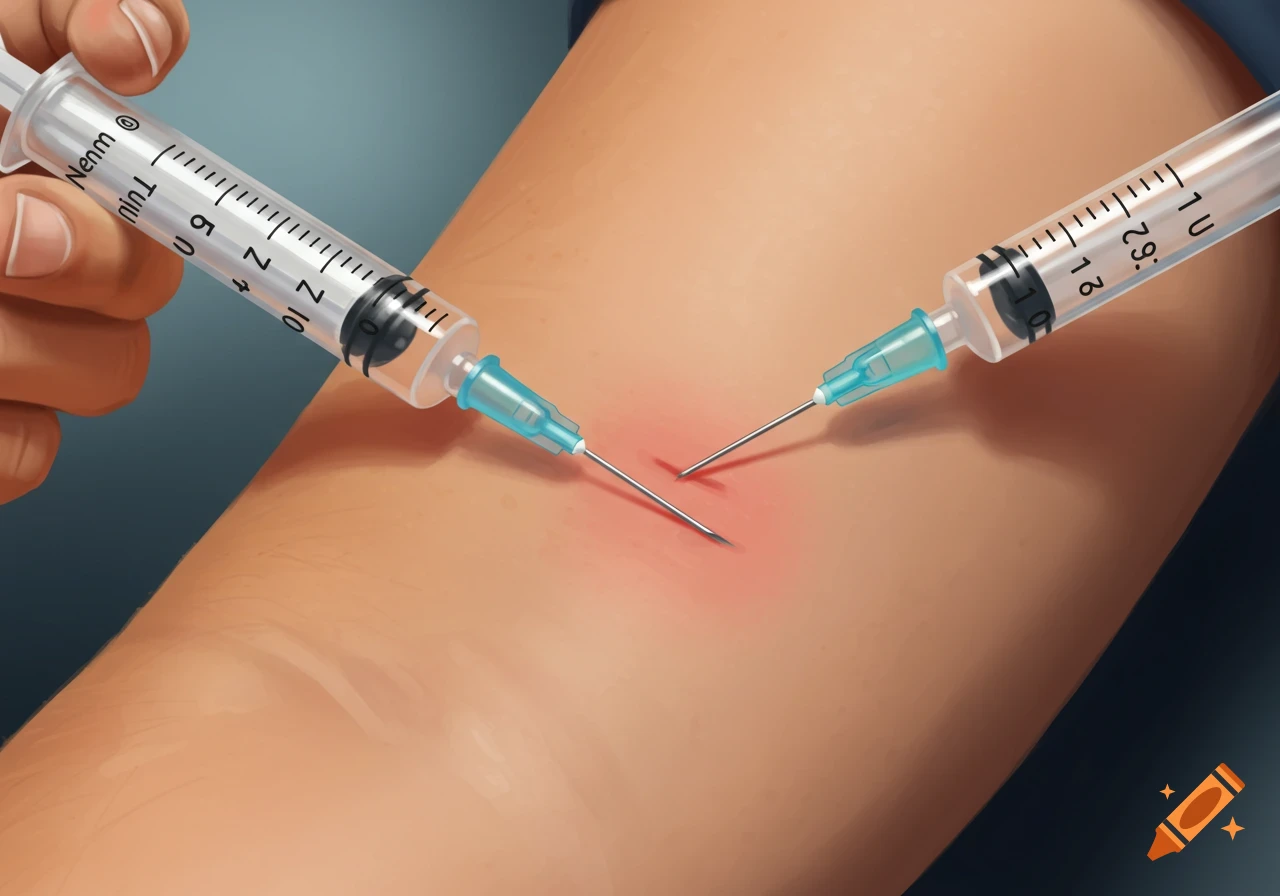 Illustration of two syringes injecting a human arm, which shows a red inflamed area.