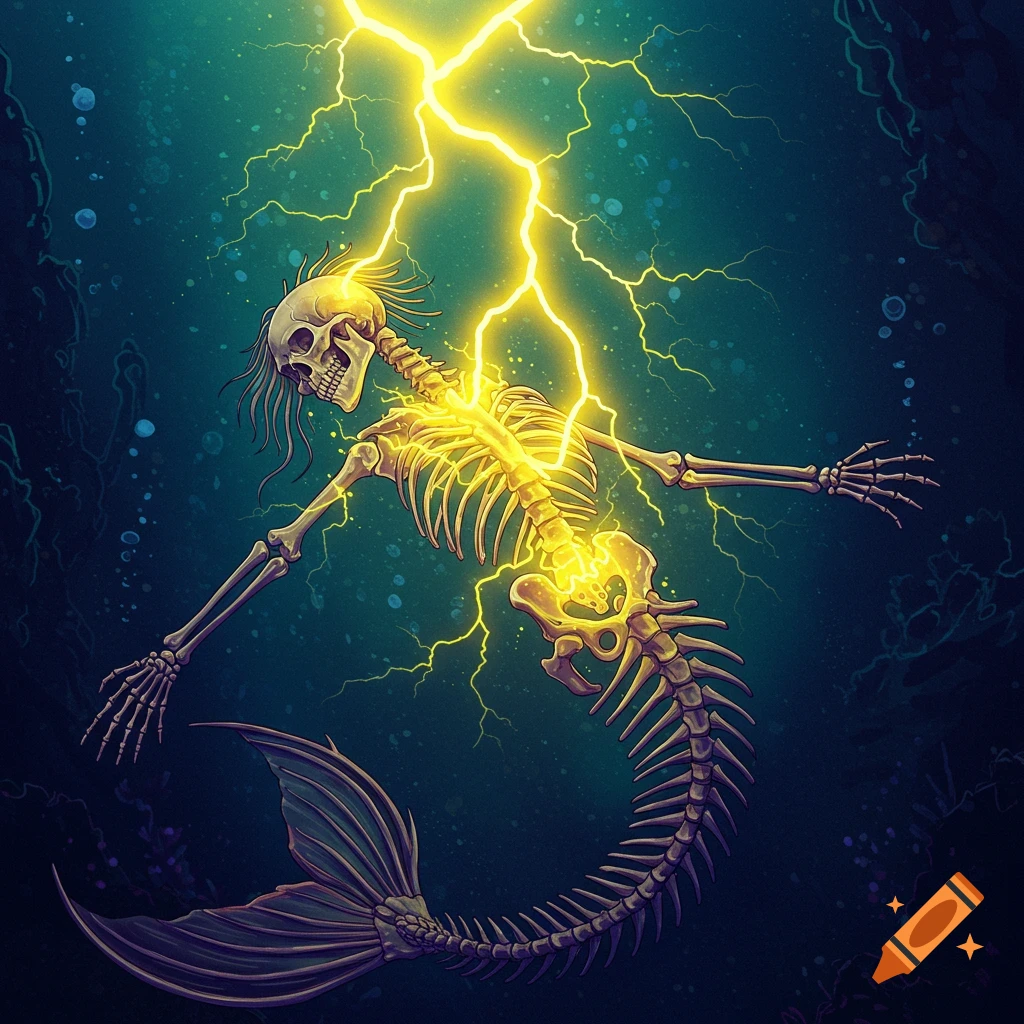 A stylized illustration of a mermaid skeleton glowing with bright yellow lightning radiating from its torso underwater.