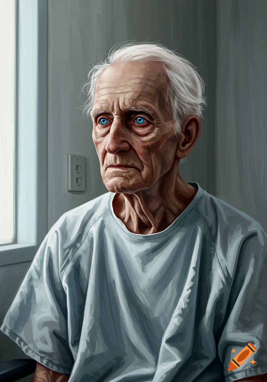 A detailed portrait of a sad, elderly man with white hair and striking blue eyes, sitting in a nursing home.