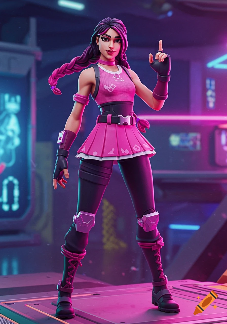 A stylized female Fortnite character in a pink outfit, black leggings, and braided hair, standing in a neon-lit futuristic setting.