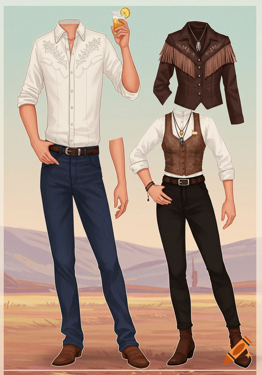Illustration of two headless figures modeling modern wild west outfits, including a white shirt, blue jeans, dark pants, brown vest, and fringe jacket, against a desert backdrop.