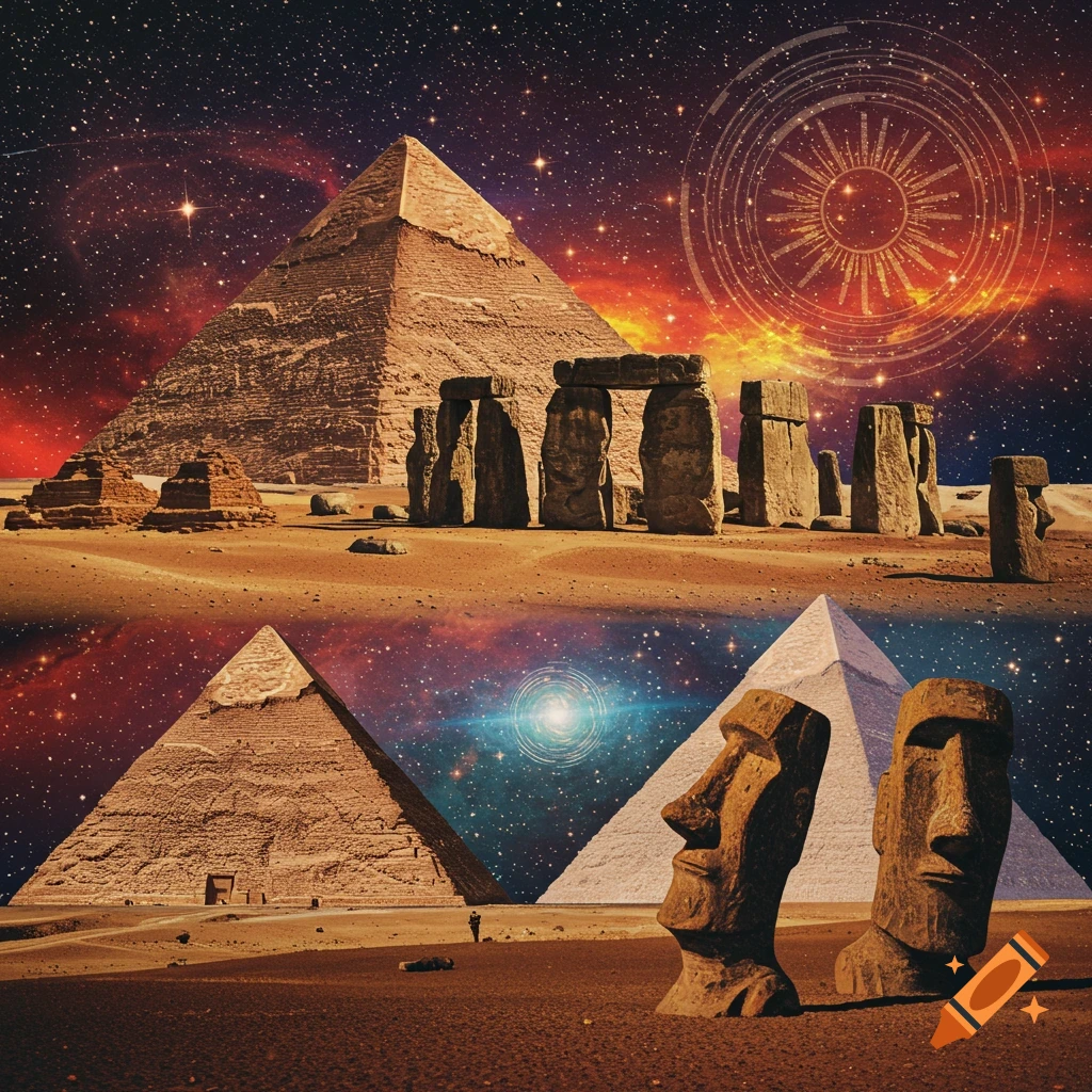 A surreal collage featuring Egyptian pyramids, Stonehenge, and Moai statues against a vibrant cosmic background.