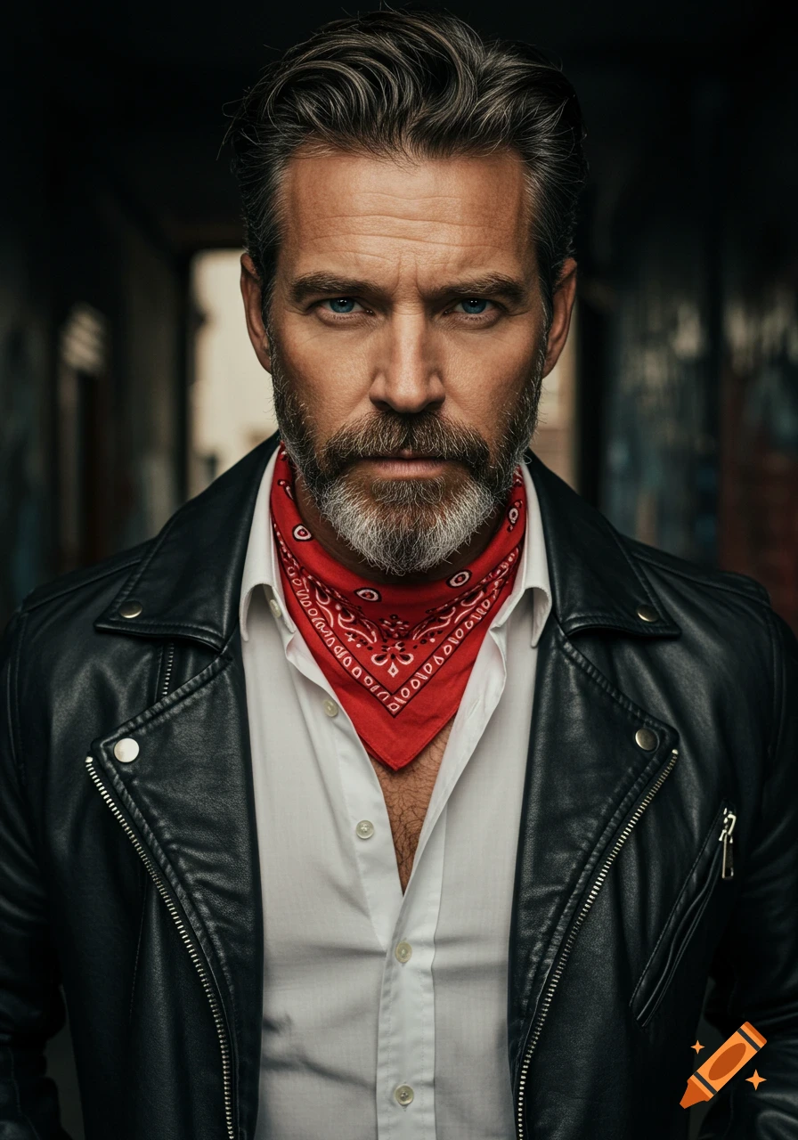 Close-up photorealistic portrait of a rugged man with a beard and gray hair, wearing a white shirt, red bandana, and black leather jacket.