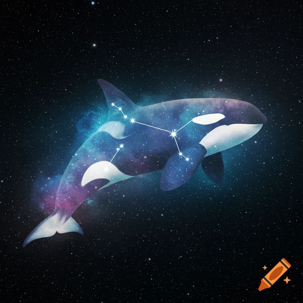 A celestial orca, resembling a constellation, floats in a dark starry space.