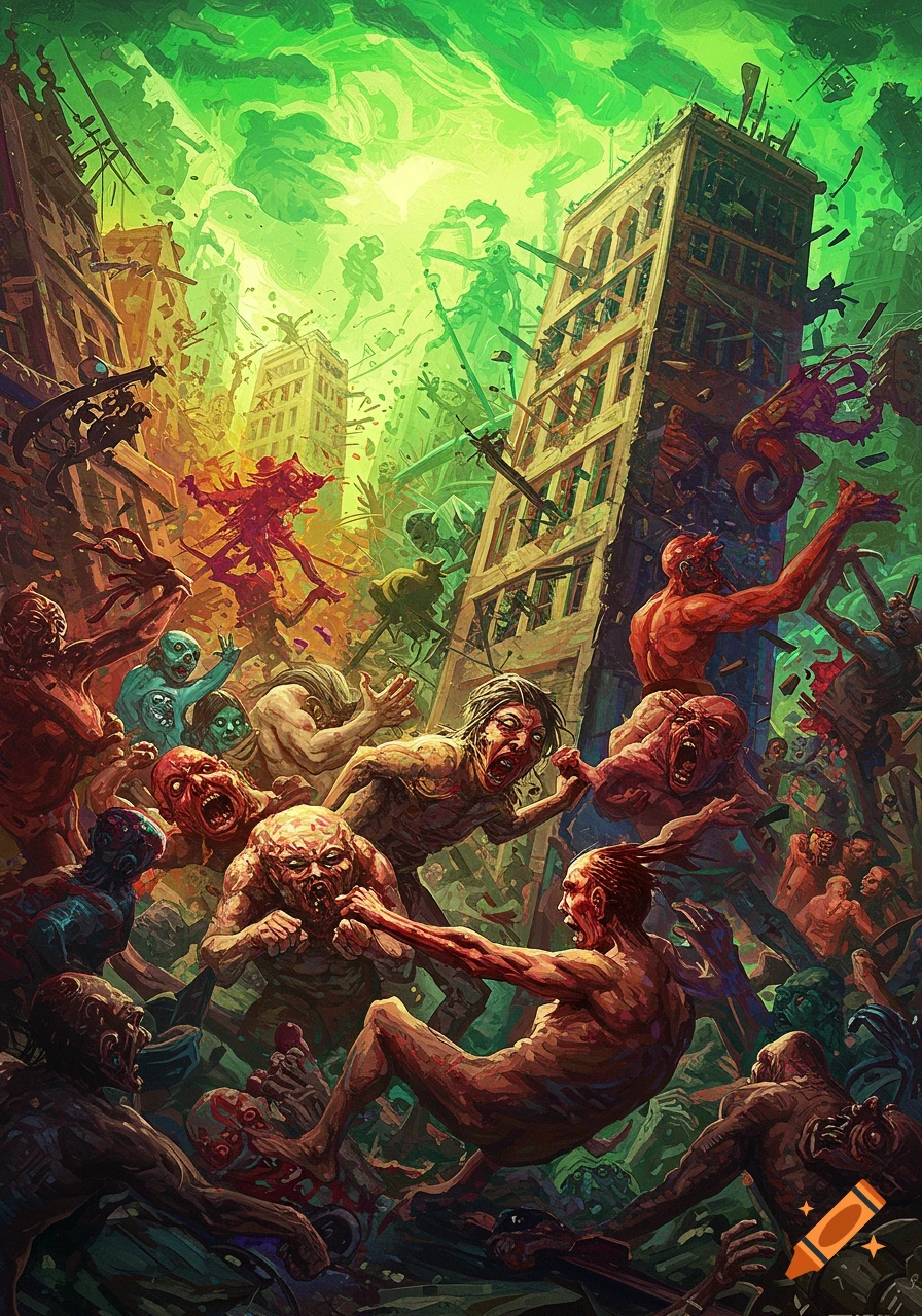 An apocalyptic illustration of monstrous, zombie-like figures fighting and running amidst destroyed city buildings under a bright green sky.