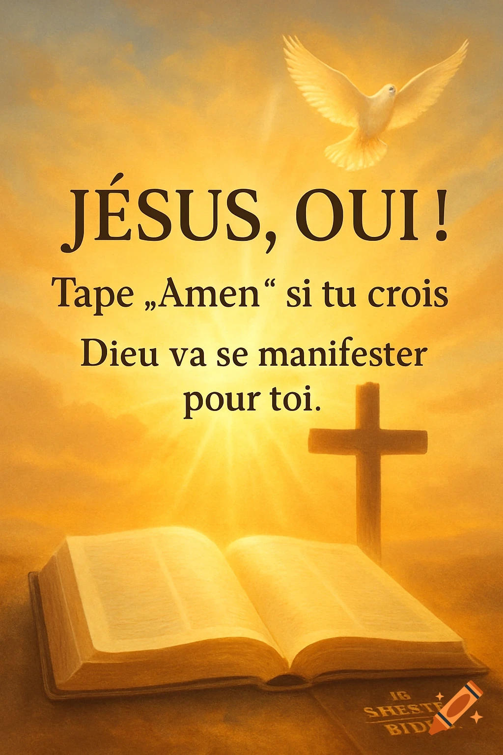 An inspiring religious image with a white dove, a cross, and an open Bible against a bright, golden sky. French text reads 'Jesus, yes! Type 'Amen' if you believe. God will manifest for you.'