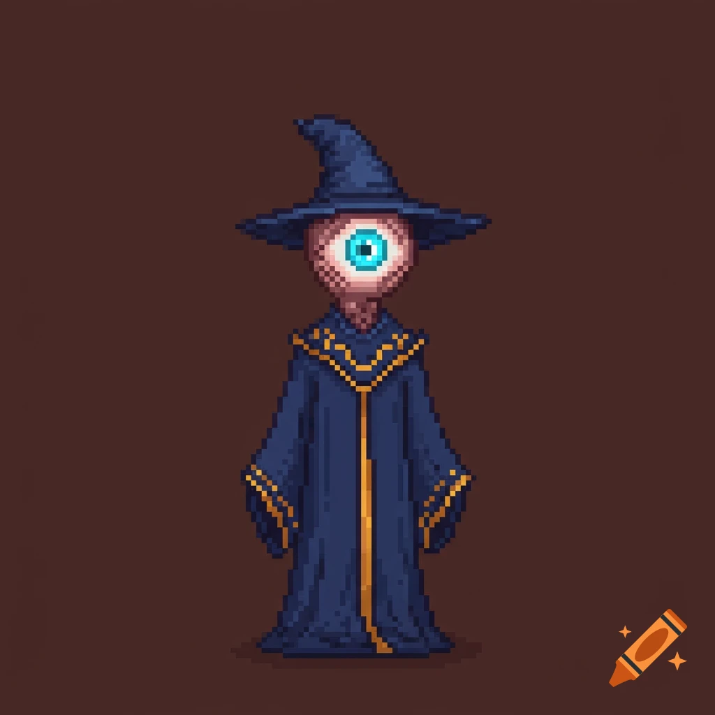 Pixel art of an eye-headed wizard wearing a dark blue robe and a pointy hat.