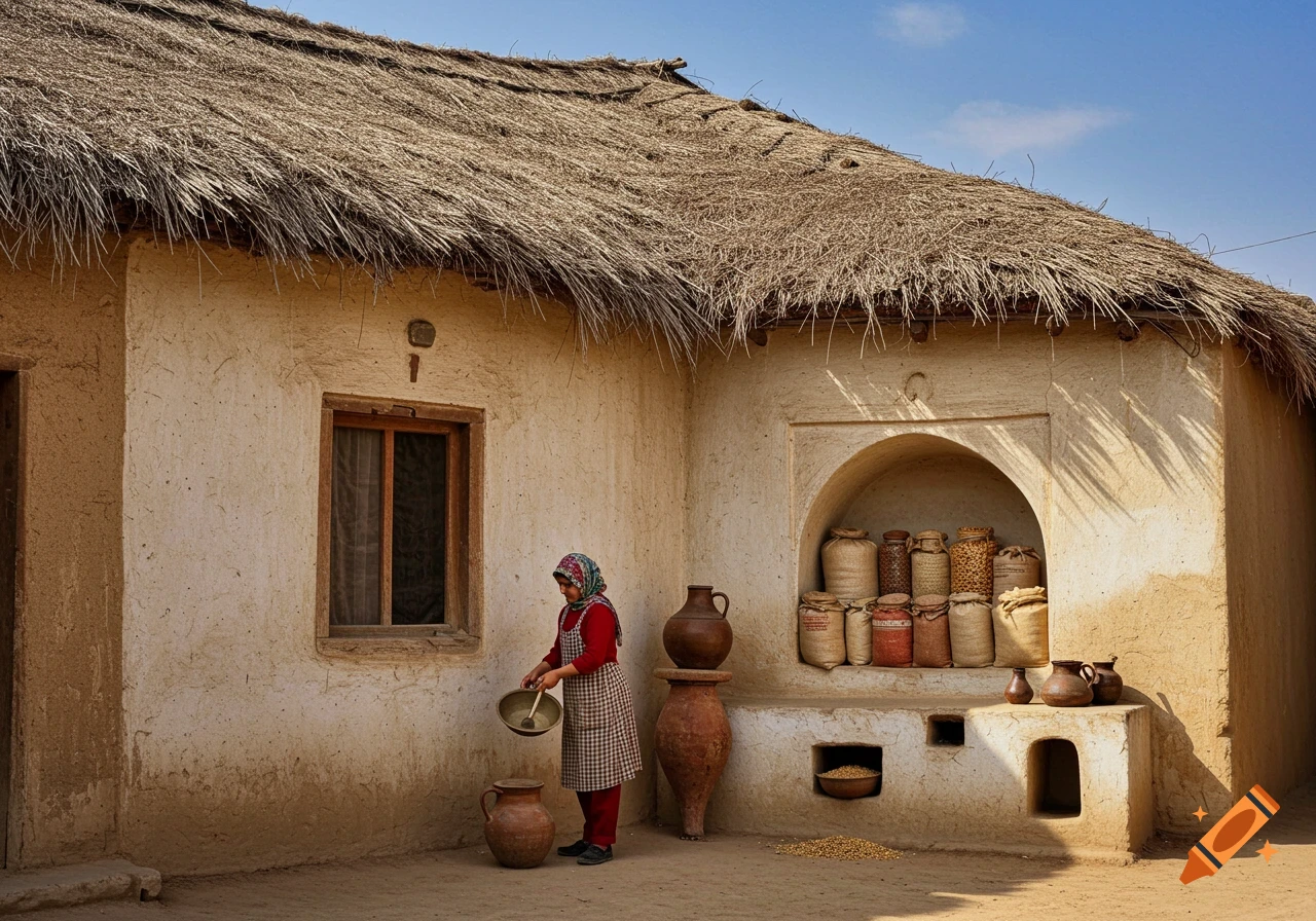 A woman in a red outfit and apron stands outside a traditional mud house with a thatched roof, holding a bowl. Pots and bags of grains are in a wall niche.