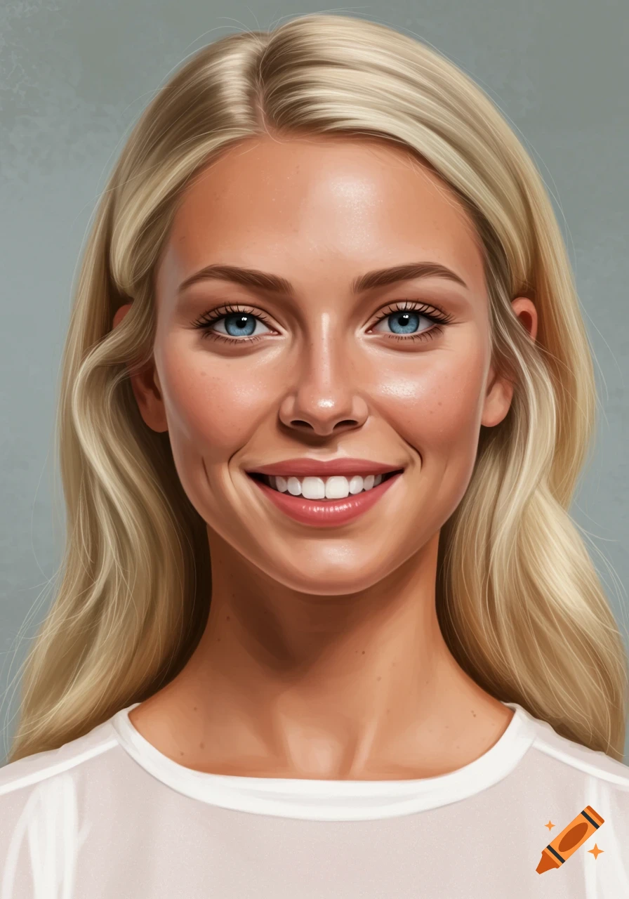 A headshot digital painting of a smiling blonde woman with blue eyes.