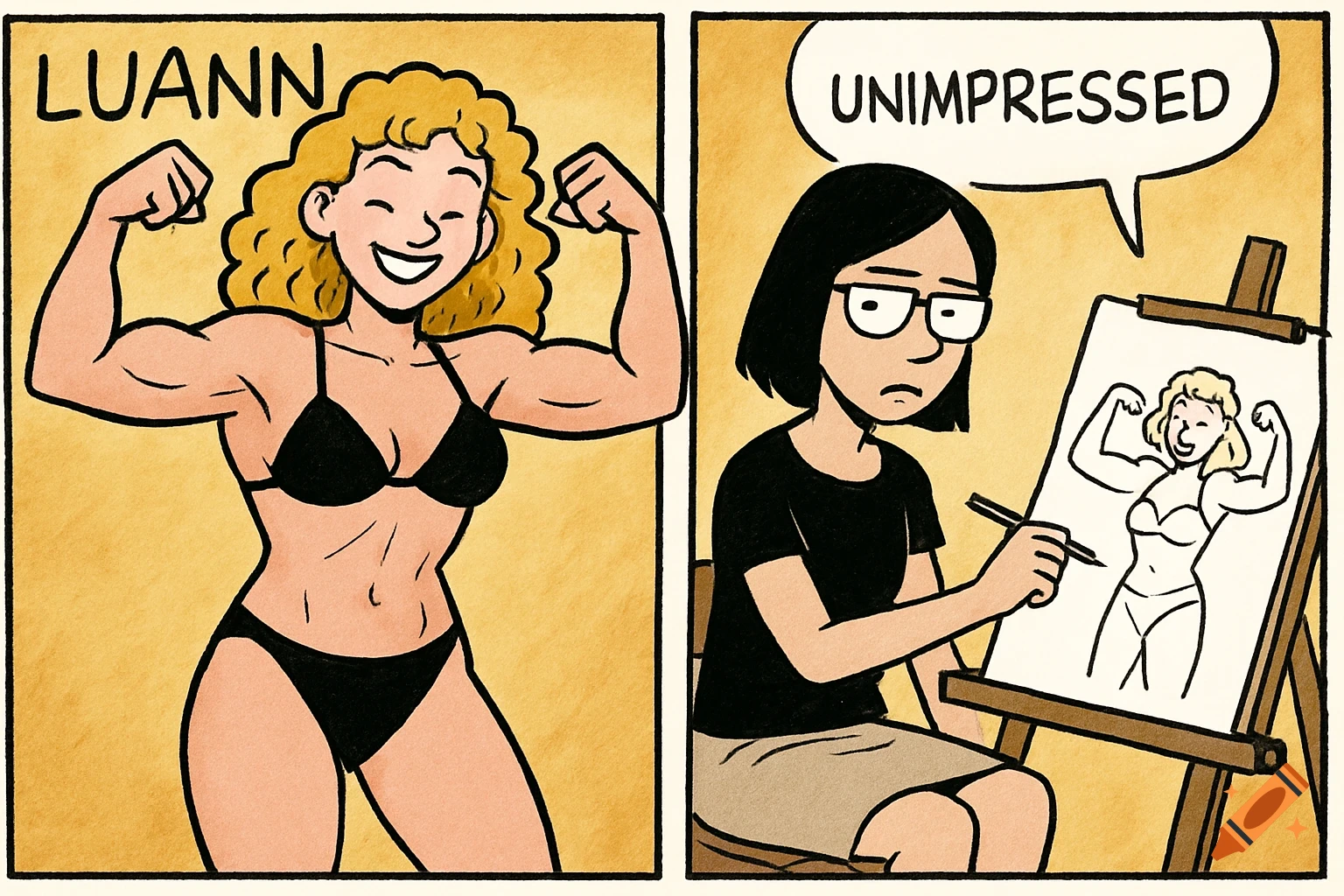 A two-panel comic strip. On the left, a muscular blonde woman in a bikini flexes. Text reads 'LUANN'. On the right, a woman draws her, with a speech bubble reading 'UNIMPRESSED'.