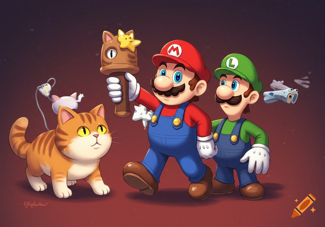 Cartoon illustration of Mario and Luigi alongside an orange cat, with Mario holding a cat-themed scepter.