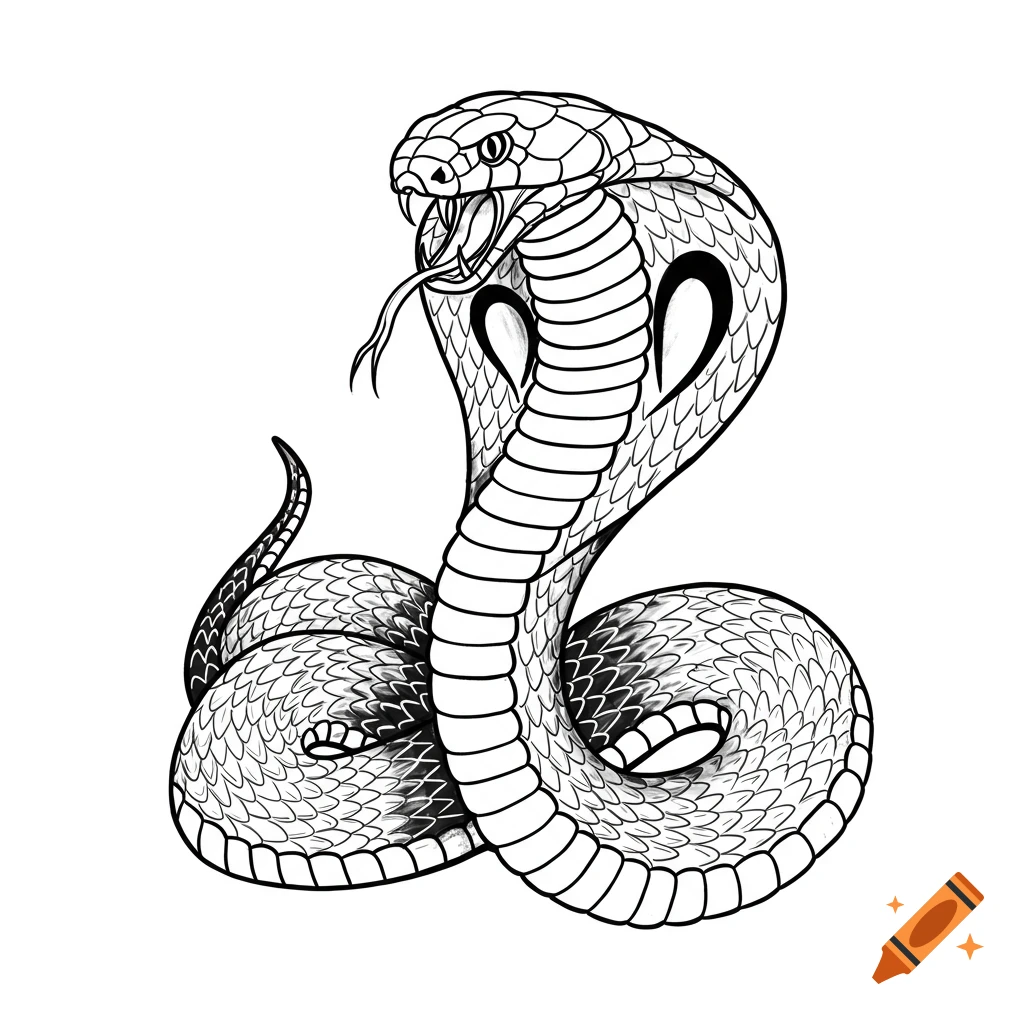 Black and white line art of a cobra rearing up with its hood spread and tongue flicking.
