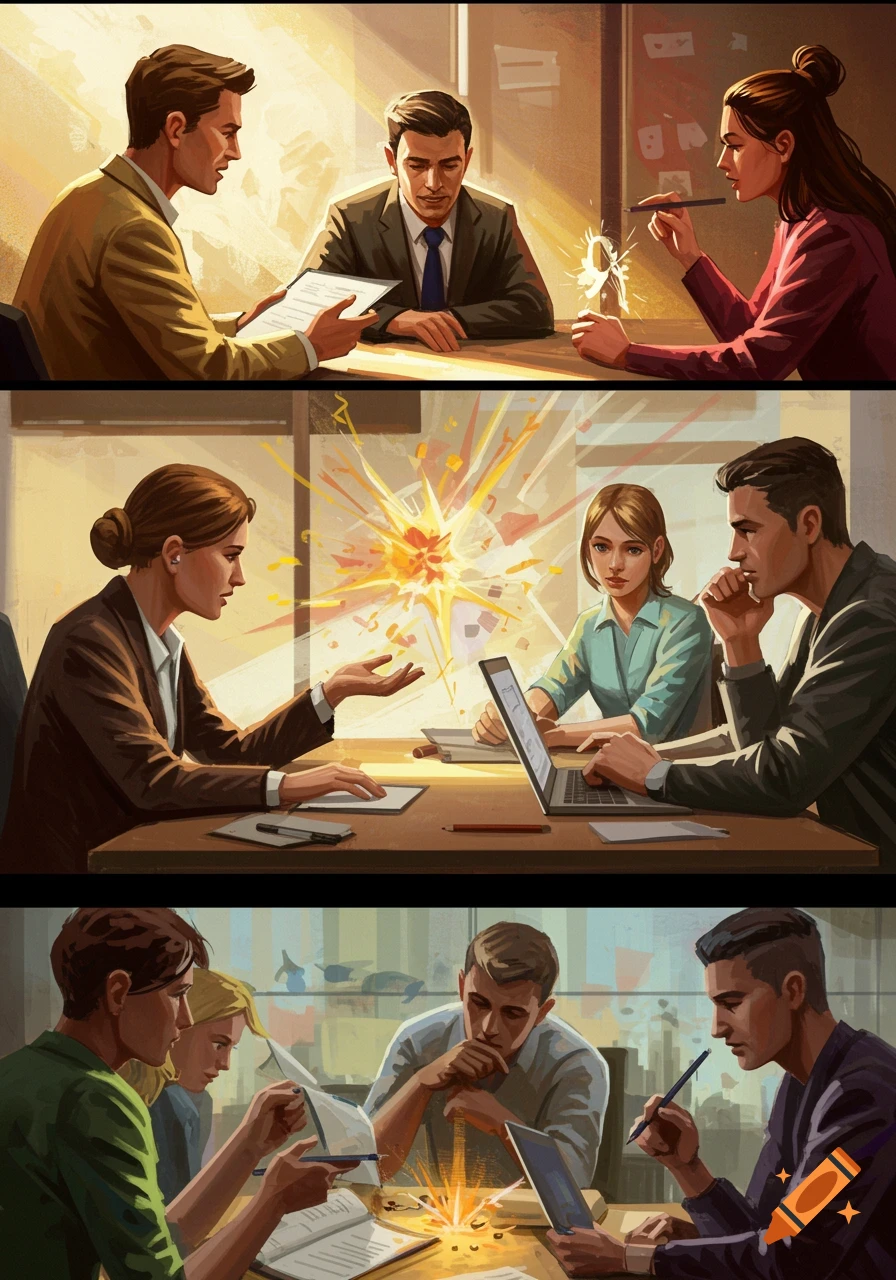 Three panels show diverse professionals in business meetings, featuring stylized bursts of light representing creativity and focus.