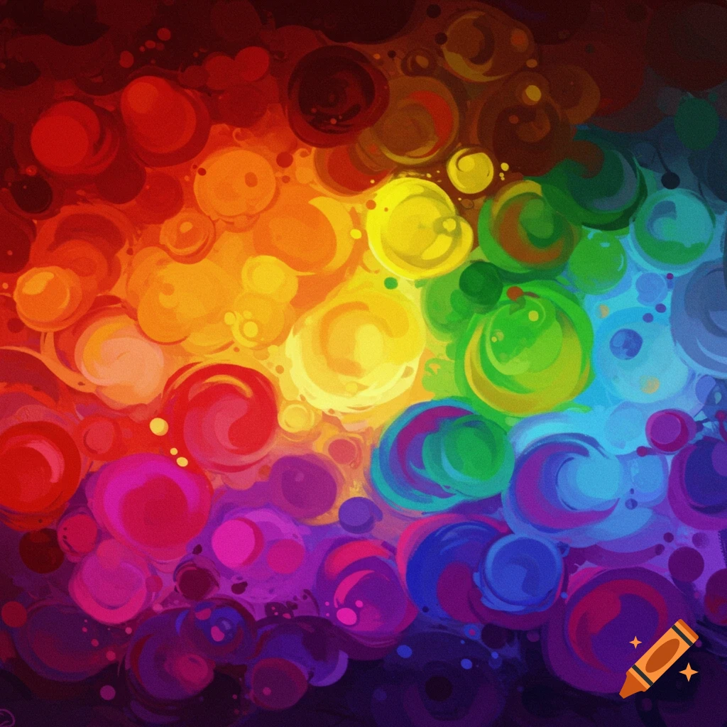Abstract painting of swirling, overlapping circles in a vibrant rainbow gradient.