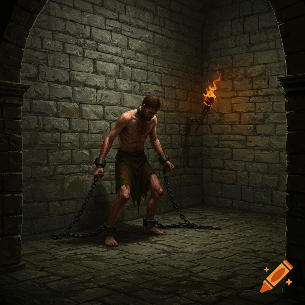 A man in chains stands in a dimly lit stone dungeon with a torch on the wall, in a dark fantasy art style.