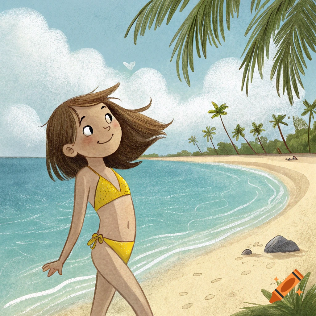 a-cartoon-girl-in-a-yellow-bikini-walks-on-a-sunny-tropical-beach-with