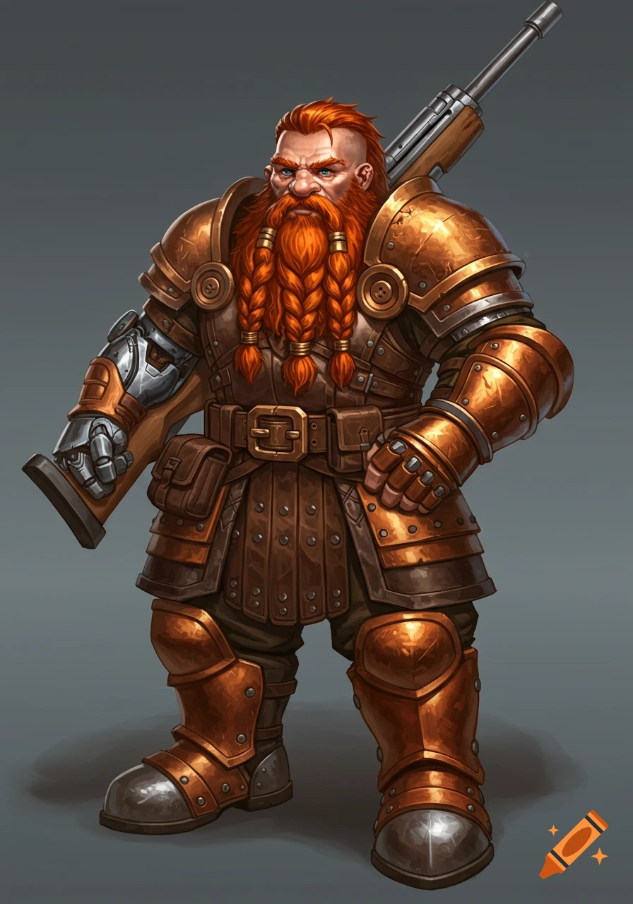 A heavily armored male dwarf with a braided red beard and a bronze and ...