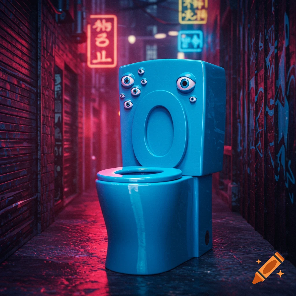A blue, anthropomorphic toilet with multiple eyes sits in a dark, neon-lit urban alleyway with red and blue lighting.