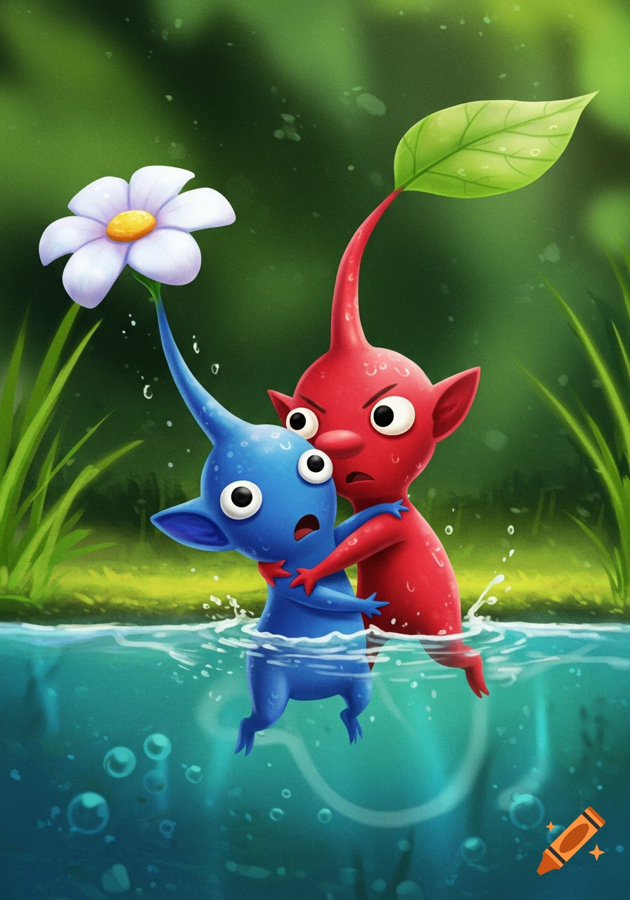 A red Pikmin frightfully hugs a scared blue Pikmin, both partially submerged in clear water with a white flower and green leaf.