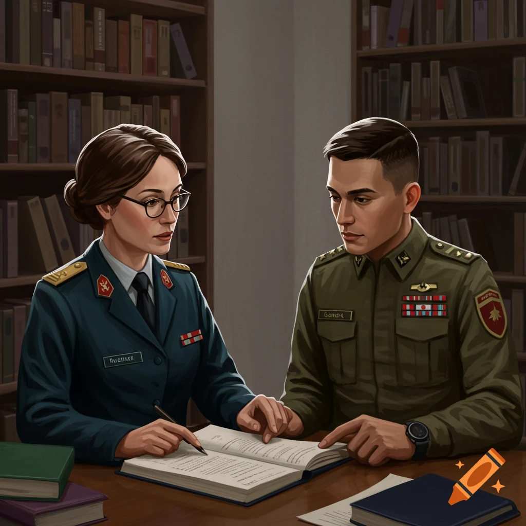 Two people in military uniforms, a woman and a man, studying a book together at a wooden table in a library with bookshelves behind them.