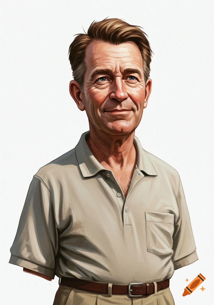 Illustrated portrait of a smiling middle-aged man with brown hair and blue eyes, wearing a beige polo shirt.