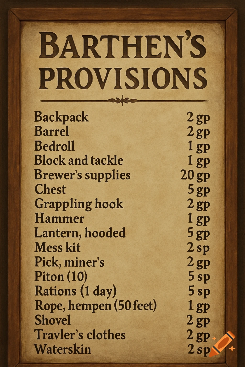 A rustic wooden sign lists 'Barthen's Provisions' in a menu-style format, detailing items like 'Backpack', 'Barrel', and 'Rations' with their respective prices in gold and silver pieces.