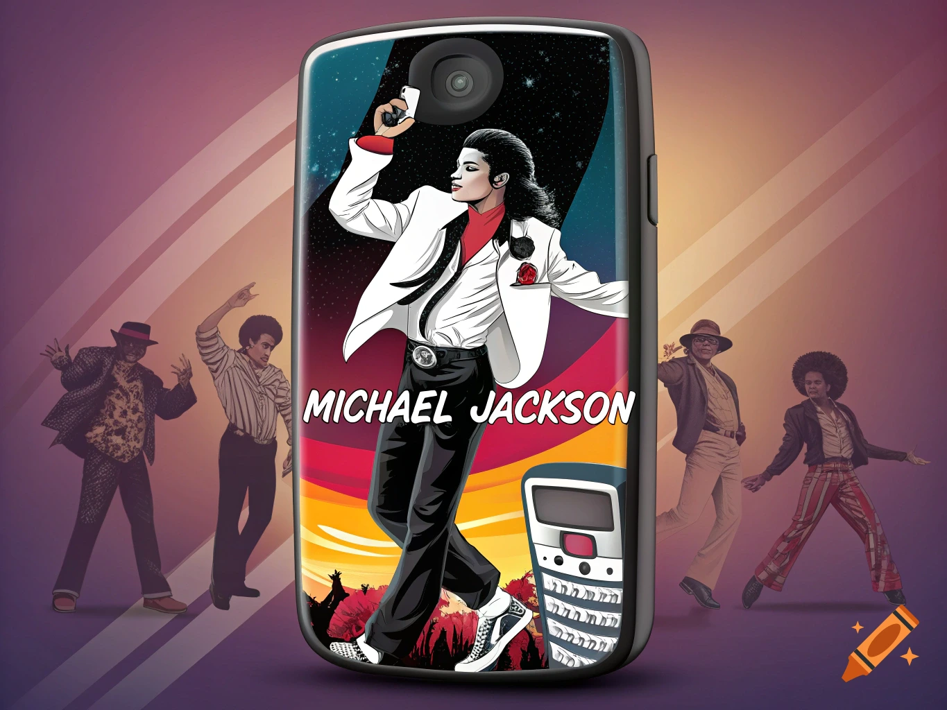A vibrant pop art illustration of Michael Jackson dancing on a smartphone screen, with faded background dancers.