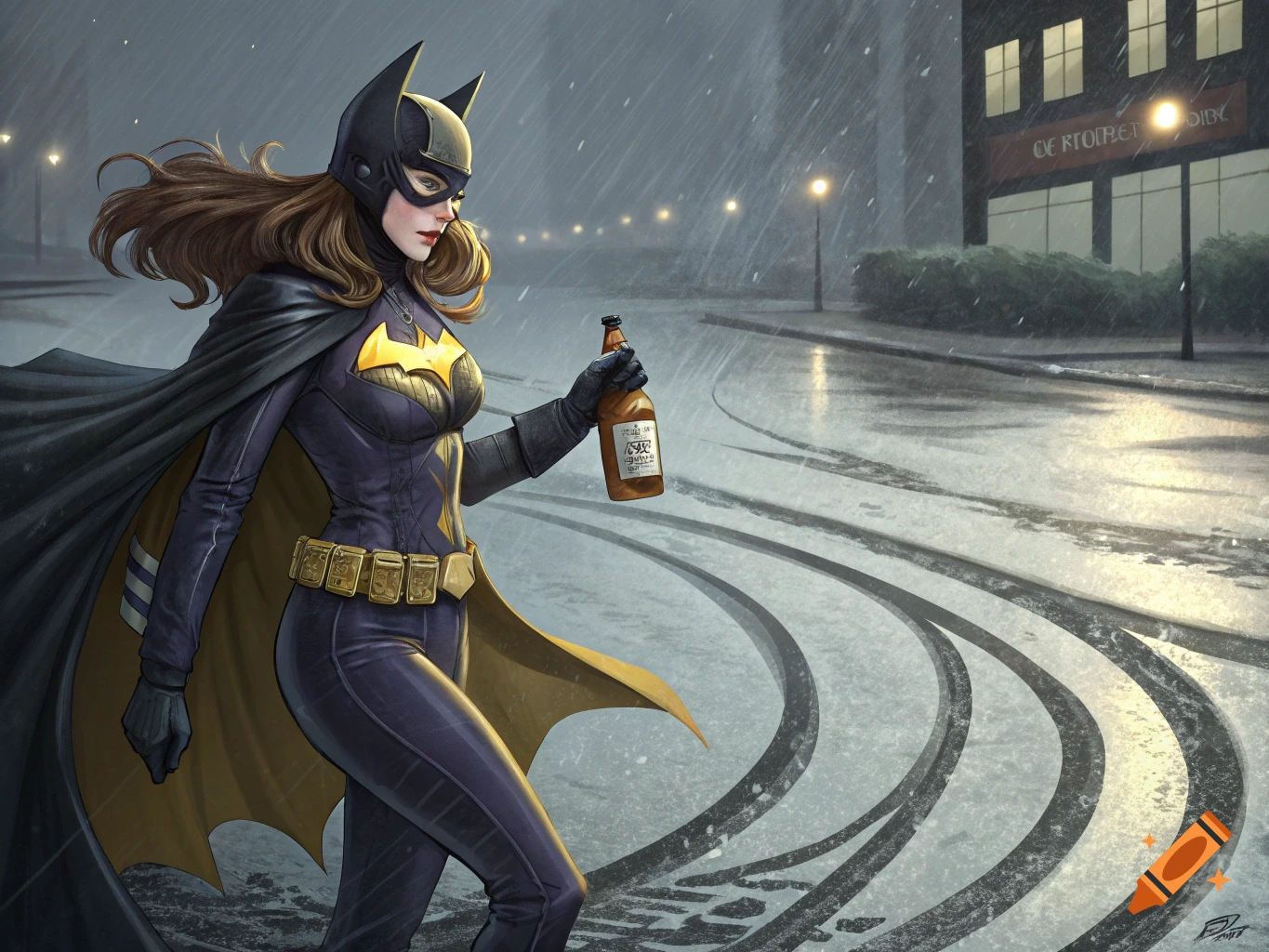 Batgirl in her purple and yellow suit walks on a rainy street at night, holding a brown bottle. Tire skid marks are visible on the wet asphalt. Illustrated in a comic book style.