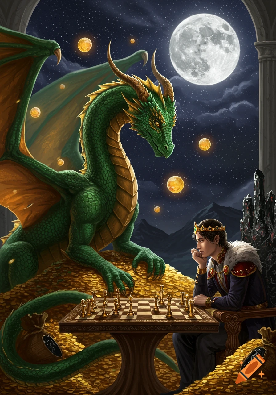 A large green dragon and a king play chess at a table laden with gold under a full moon at night. Fantasy art.